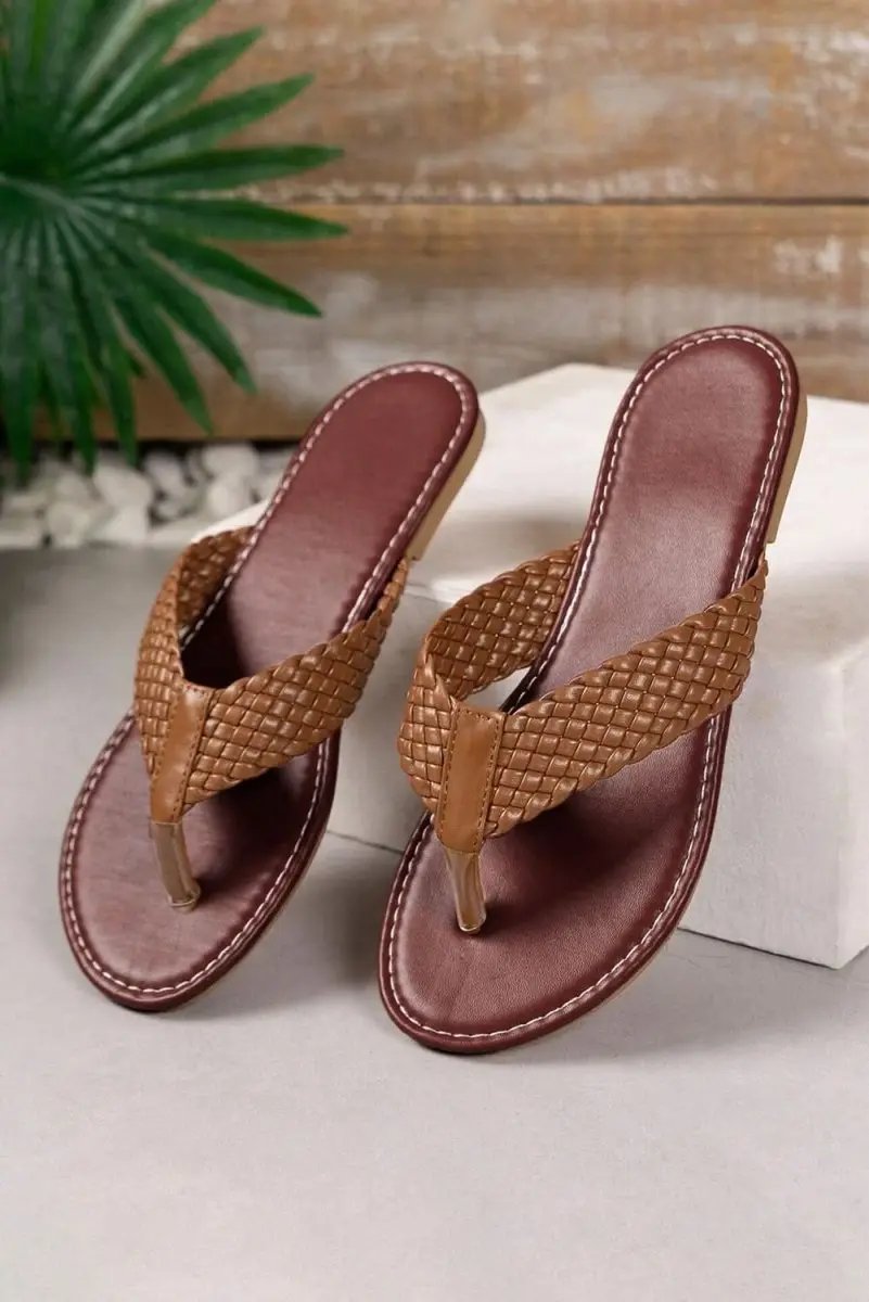 Chestnut Braided Strap PU Leather Flip Flop - Love Salve